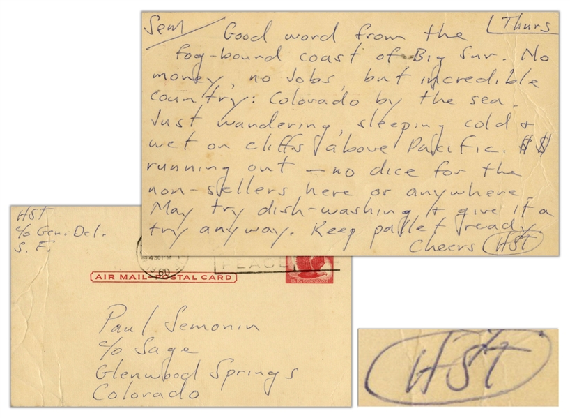 Hunter S. Thompson Autograph Letter Twice-Signed From Big Sur in 1960 -- ''...incredible country: Colorado by the sea...''